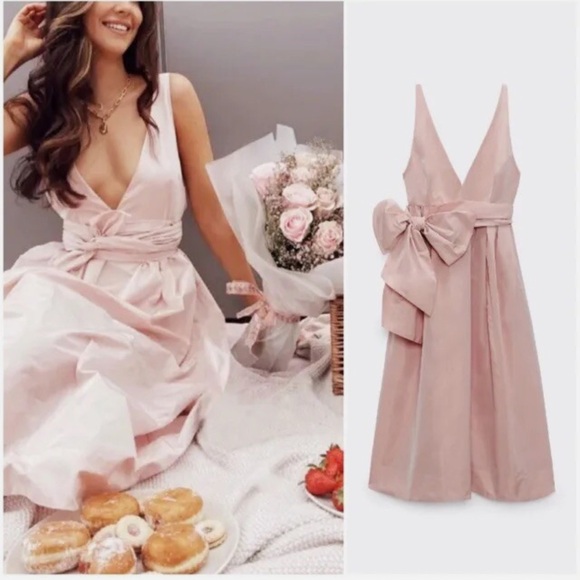 NWT ZARA VOLUMINOUS MIDI DRESS WITH BOW BELT PINK Size XS - Picture 4 of 14